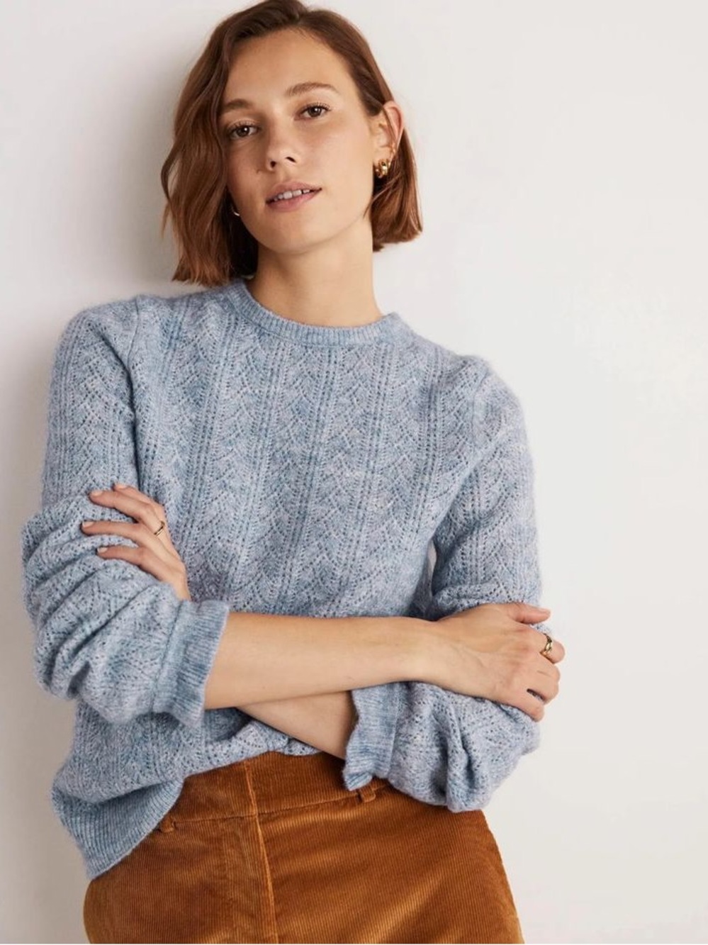 Boden Fluffy Pointelle Wool Blend Sweater in Corporal Blue Melange Size 10